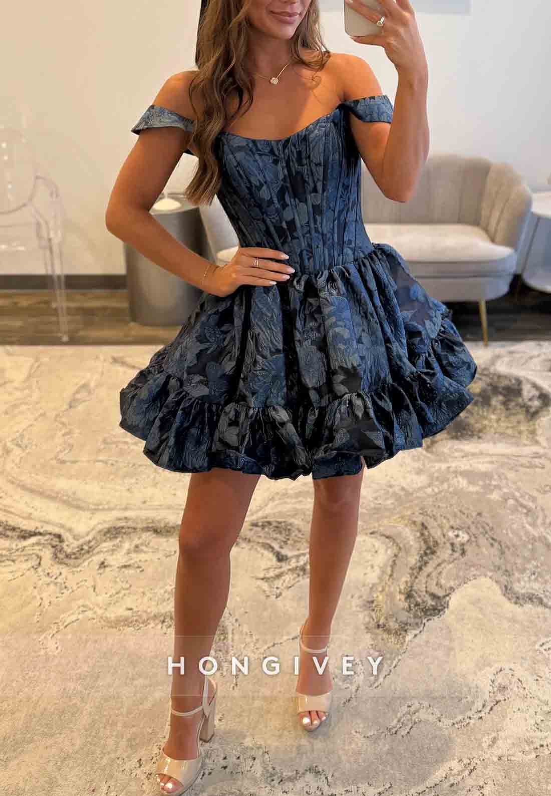 Floral Print Navy Blue Off the Shoulder Princess Short Homecoming Dresses with Corset