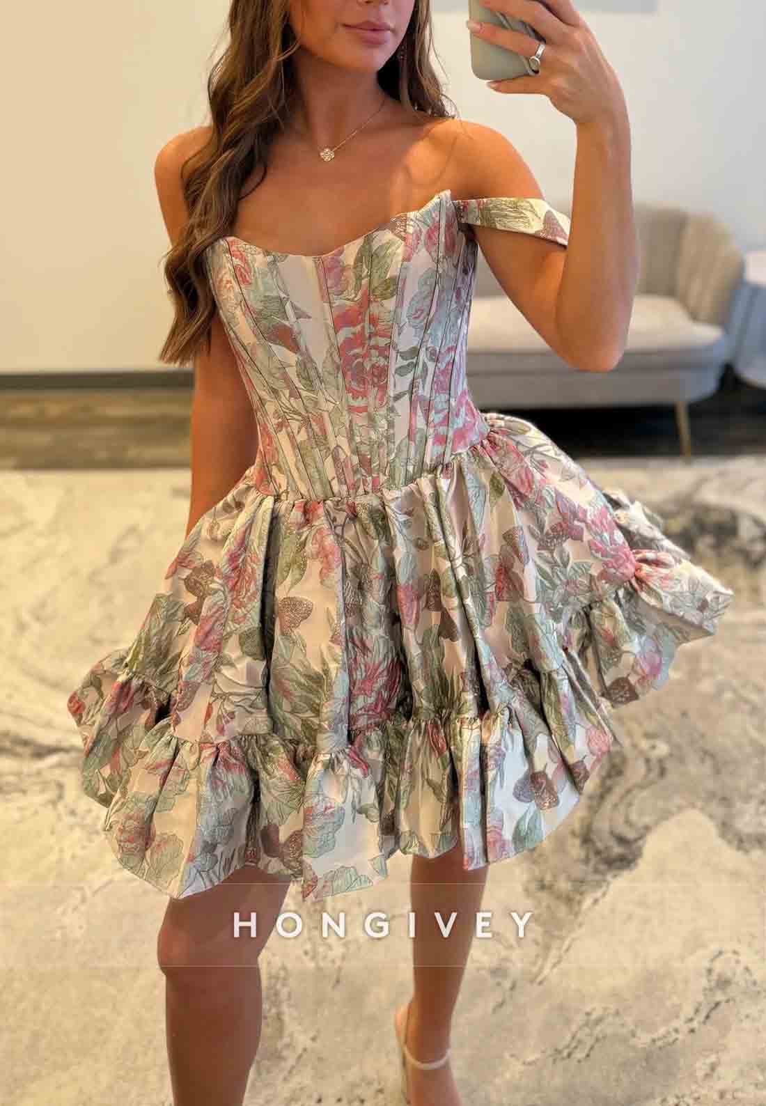 Chic Off the Shoulder Pleated Floral Print Princess Short Homecoming Dresses
