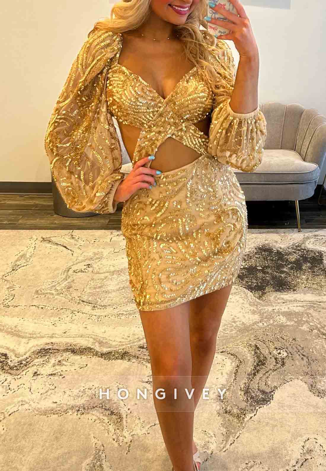 Golden Long Sleeves Sheath V-Neck Beading Short Homecoming Dresses