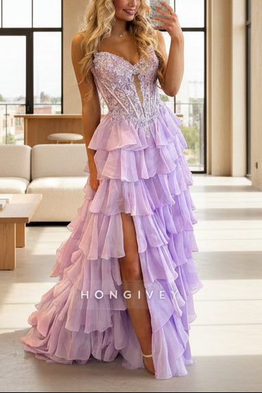 Lilac Spaghetti Straps Side Slit Appliqued Corset Prom Dress with Ruffles