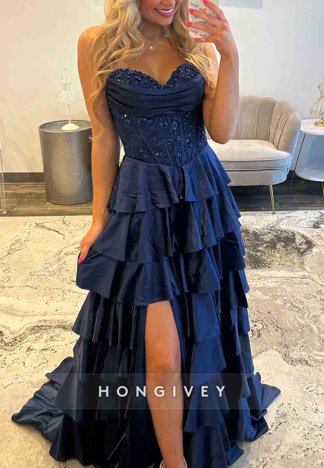 Navy Blue Sweetheart Side Slit Beaded Corset Prom Dress with Ruffles