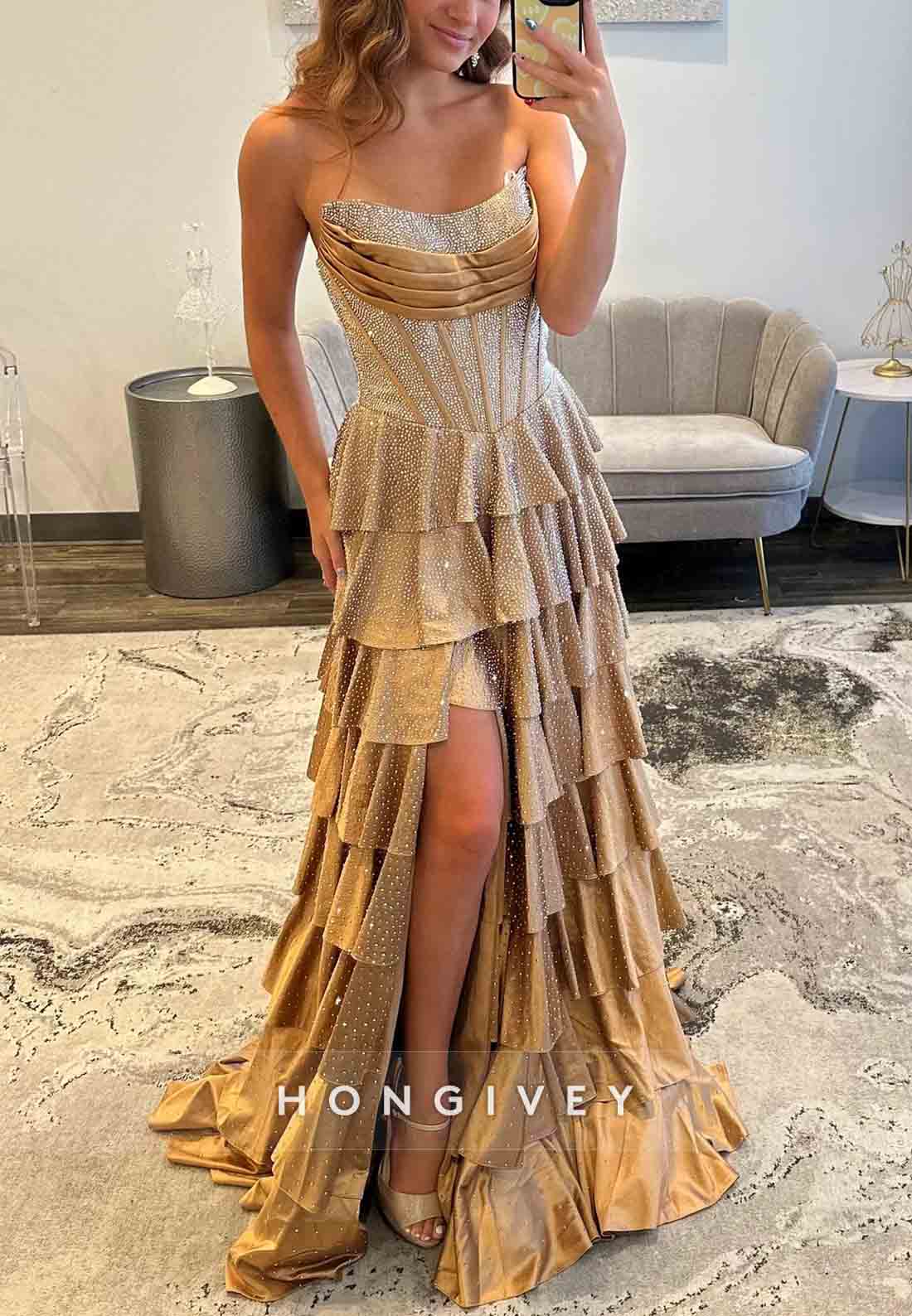 Champagne Beading Side Slit Beaded Sweep Train Corset Prom Dress with Champagne Beading Side Slit Beaded Sweep Train Corset Prom Dress with