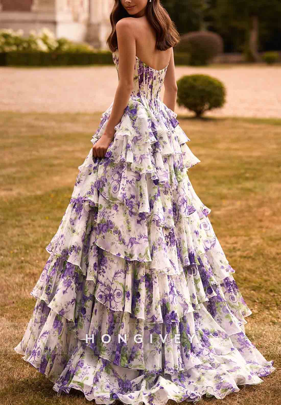 Floral Print A-Line Floor-Length Strapless Empire Prom Dresses with Ruffles