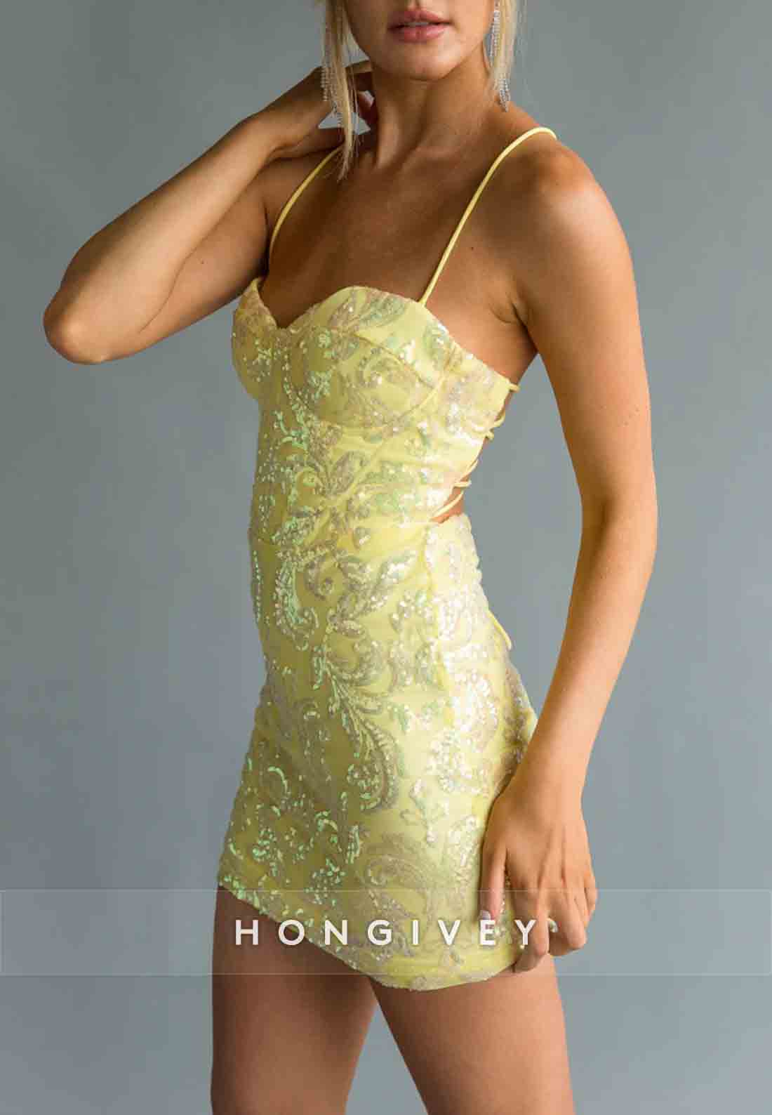 Spaghetti Straps Sweetheart Bodycon Yellow Sequined Mini Homecoming Dress