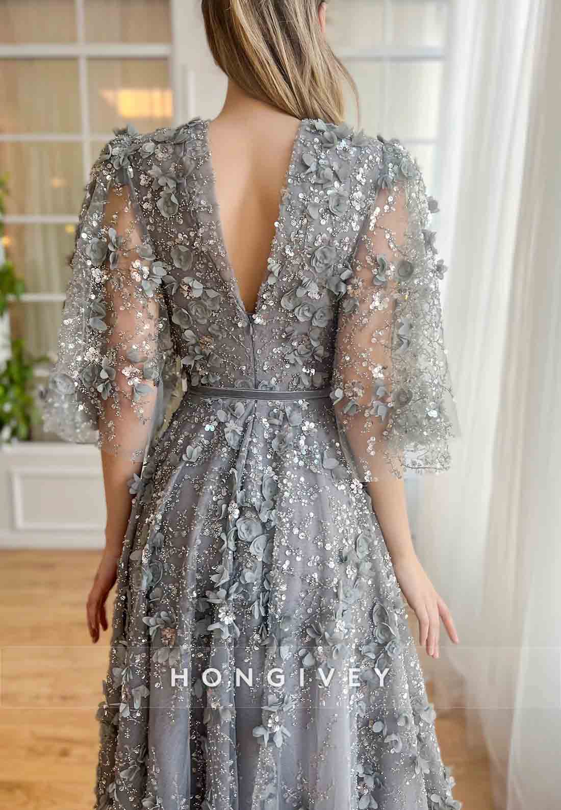 Grey A-Line Half Sleeves Low V-Neck Evening Gowns with Embroidery