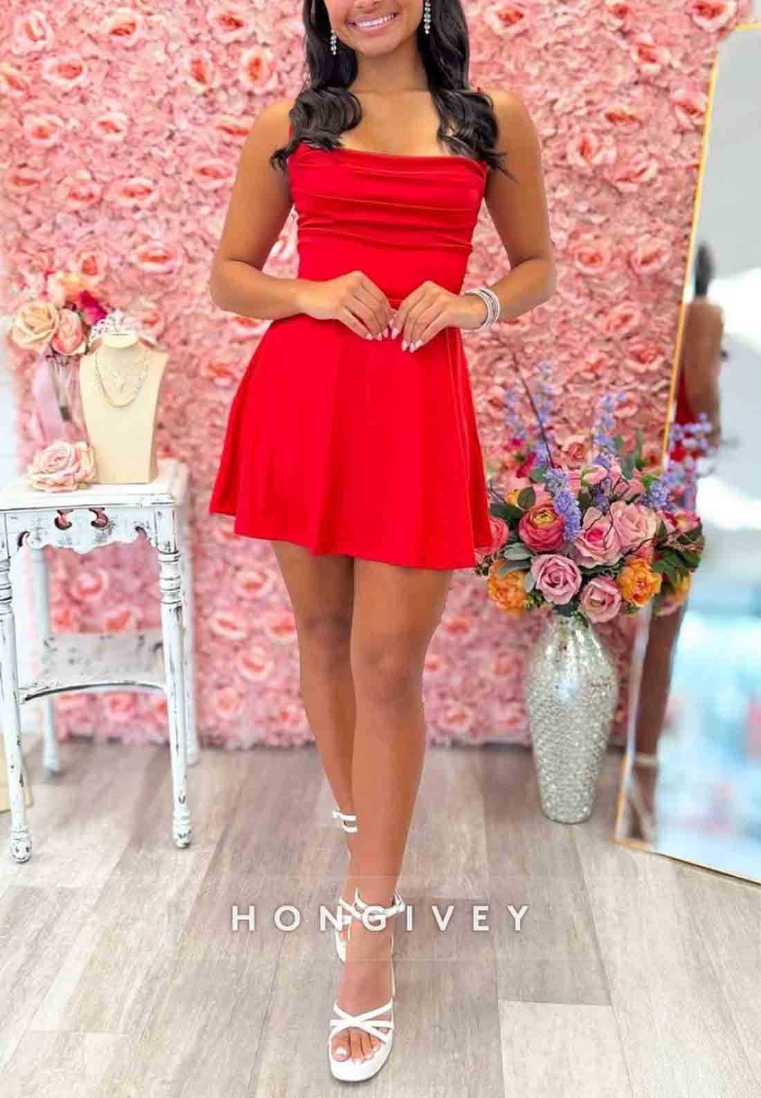 Simple A Line Spaghetti Straps Red Short Homecoming Dress with Criss Cross Back