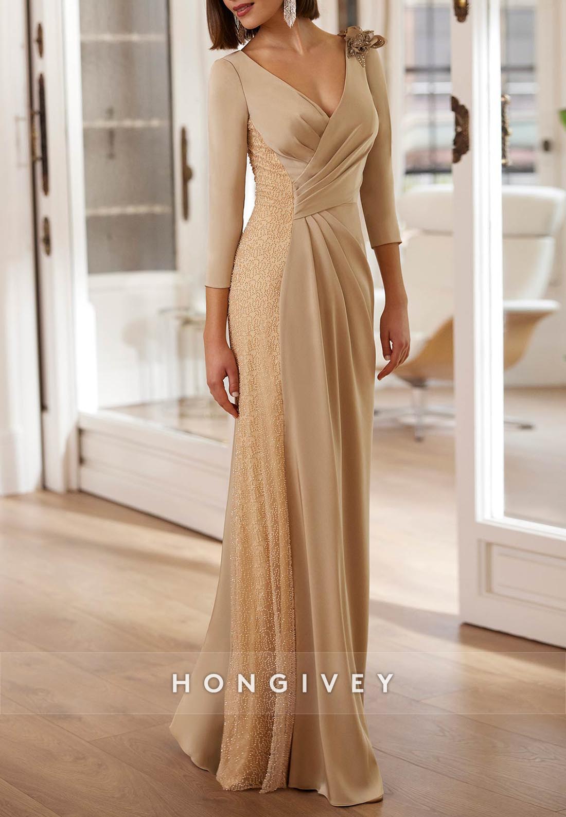 Column Floor-Length V Neck Mother of the Bride 3/4 Sleeve Pleated Shou Column Floor-Length V Neck Mother of the Bride 3/4 Sleeve Pleated Shou
