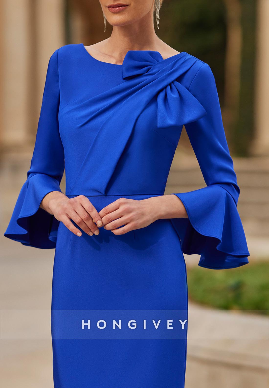 Column Tea-Length Satin Cocktail Dresses Bell Sleeves Bowknot Pleated Mother of the Bride