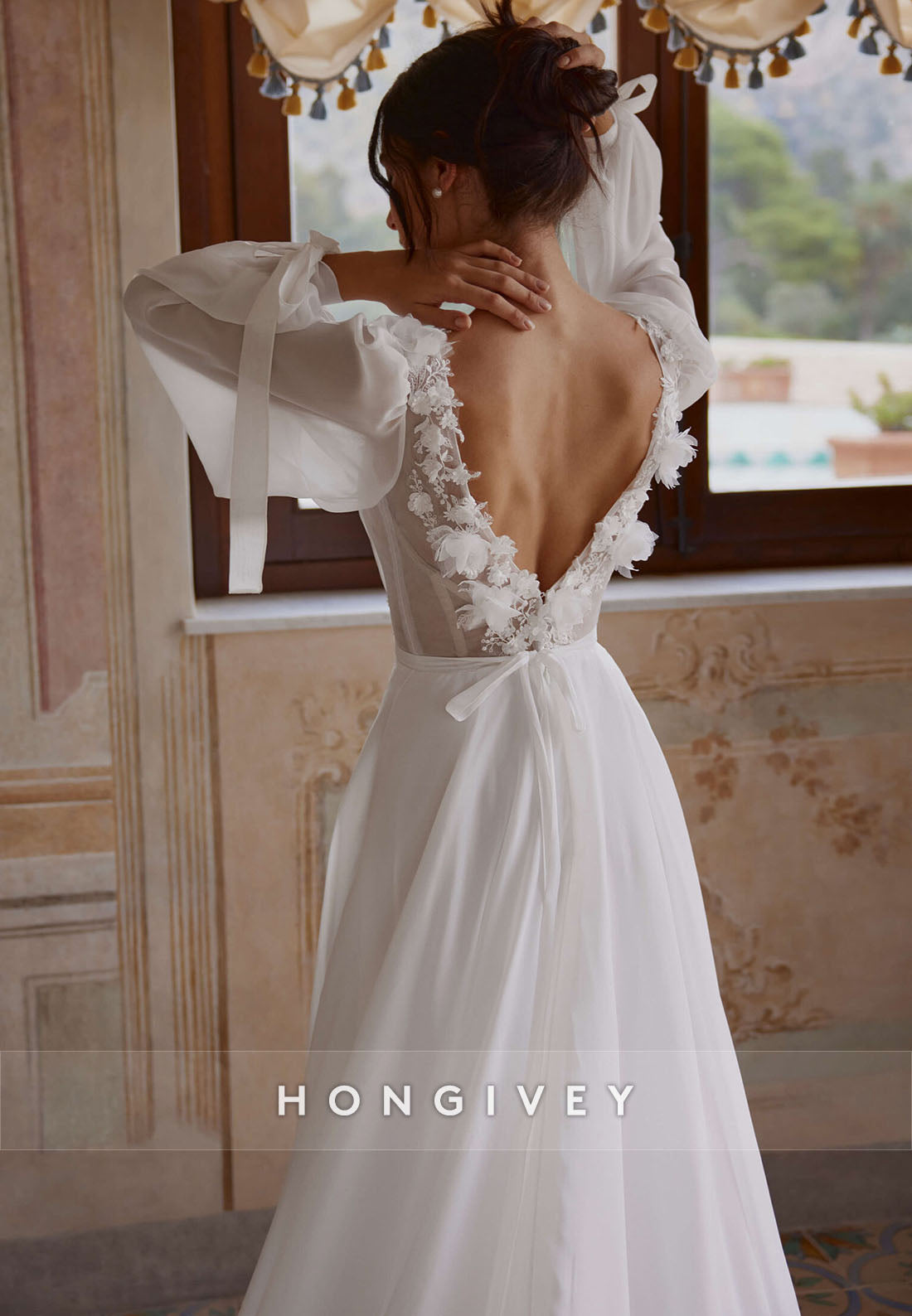 Straps Long Sleeve V Neck V Back Flowers Appliqued Chapel Train Wedding Dresses