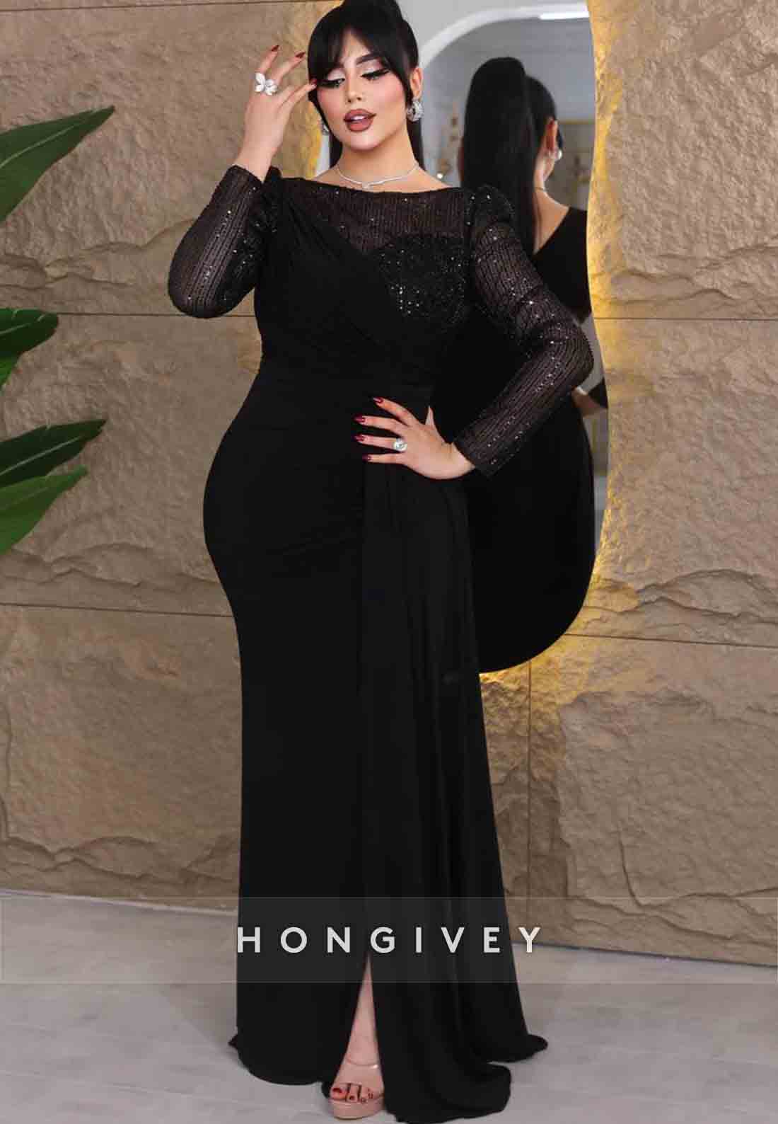 Long Sleeves Formal Gowns Side Slit Shoulder Flower Floor-Length Evening Gowns