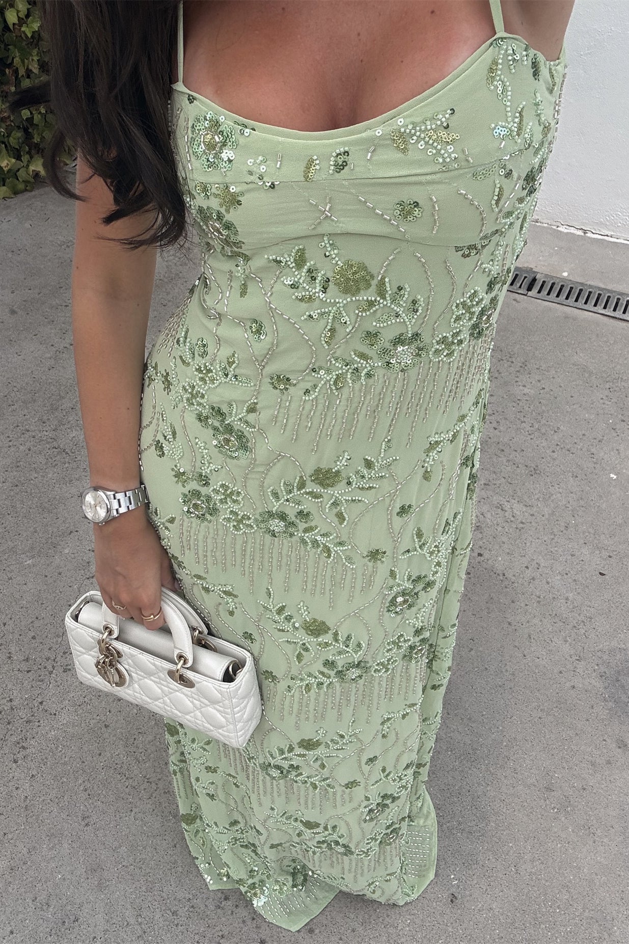 Spaghetti Straps Green Floral Beaded Long Dress