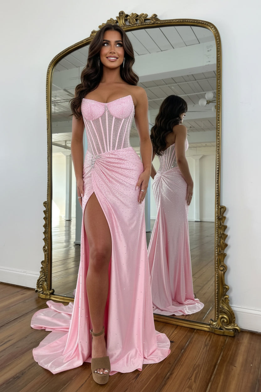 Sparkly Mermaid Strapless Pink Corset Prom Dress with Beading Split Fr Sparkly Mermaid Strapless Pink Corset Prom Dress with Beading Split Fr