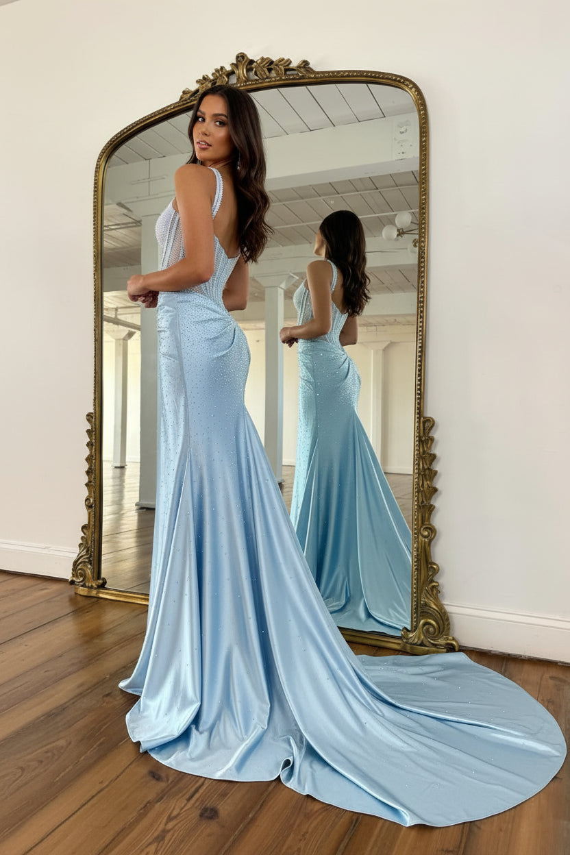 Sparkly Mermaid Strapless Pink Corset Prom Dress with Beading Split Front