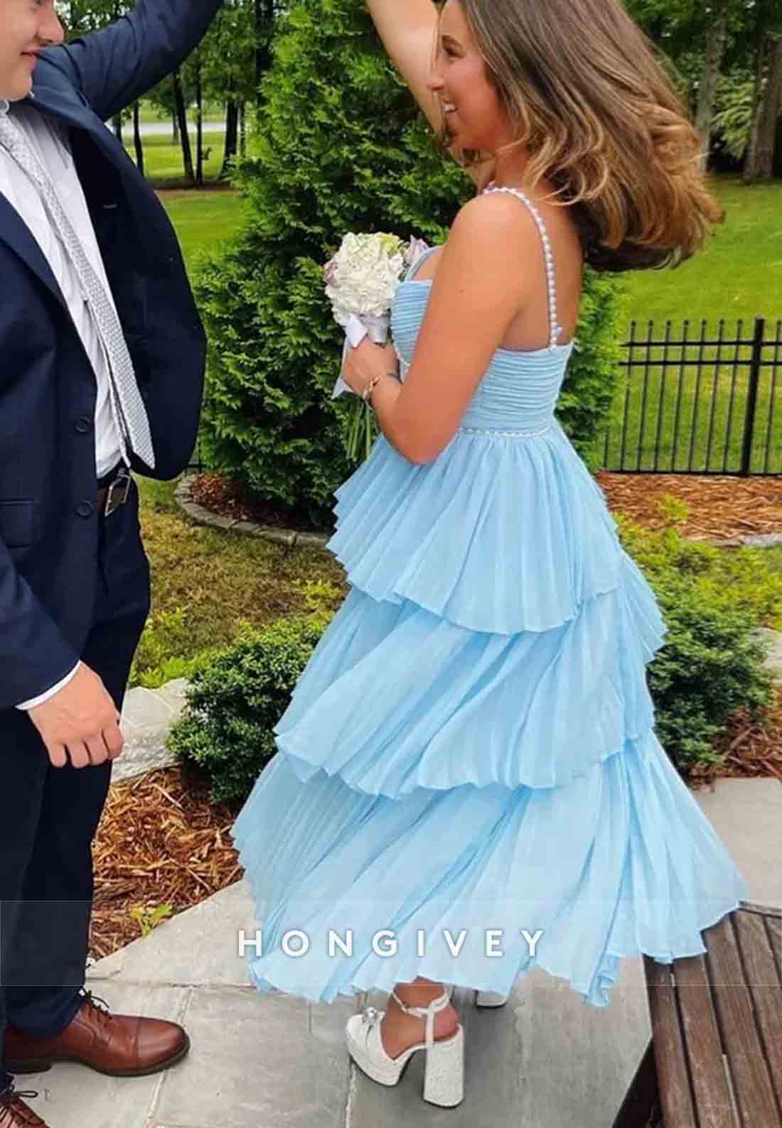 Cute A-Line Blue Prom Dresses Tea Length Party Dress with Ruffles