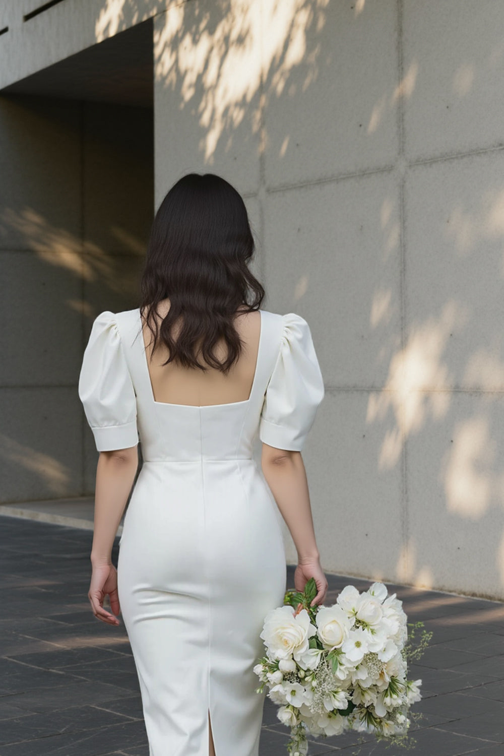 Square Neck Bodycon Engagement Dress Short Wedding Dress with Sleeves