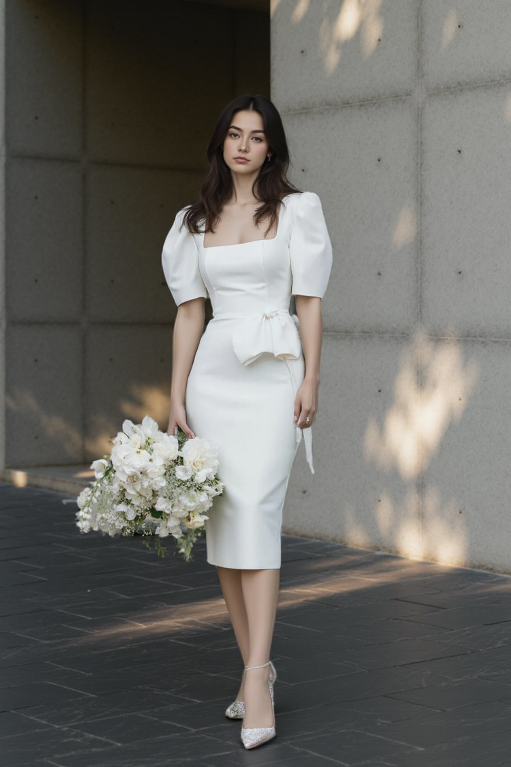 Square Neck Bodycon Engagement Dress Short Wedding Dress with Sleeves