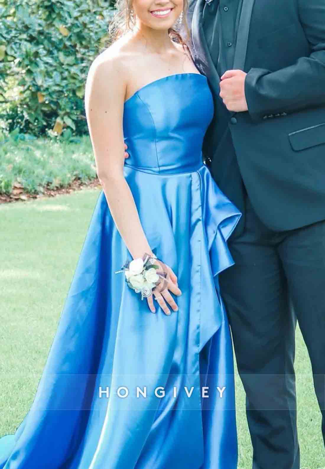 Blue Strapless A-line Satin Court Train Long Prom Dress with High Slit
