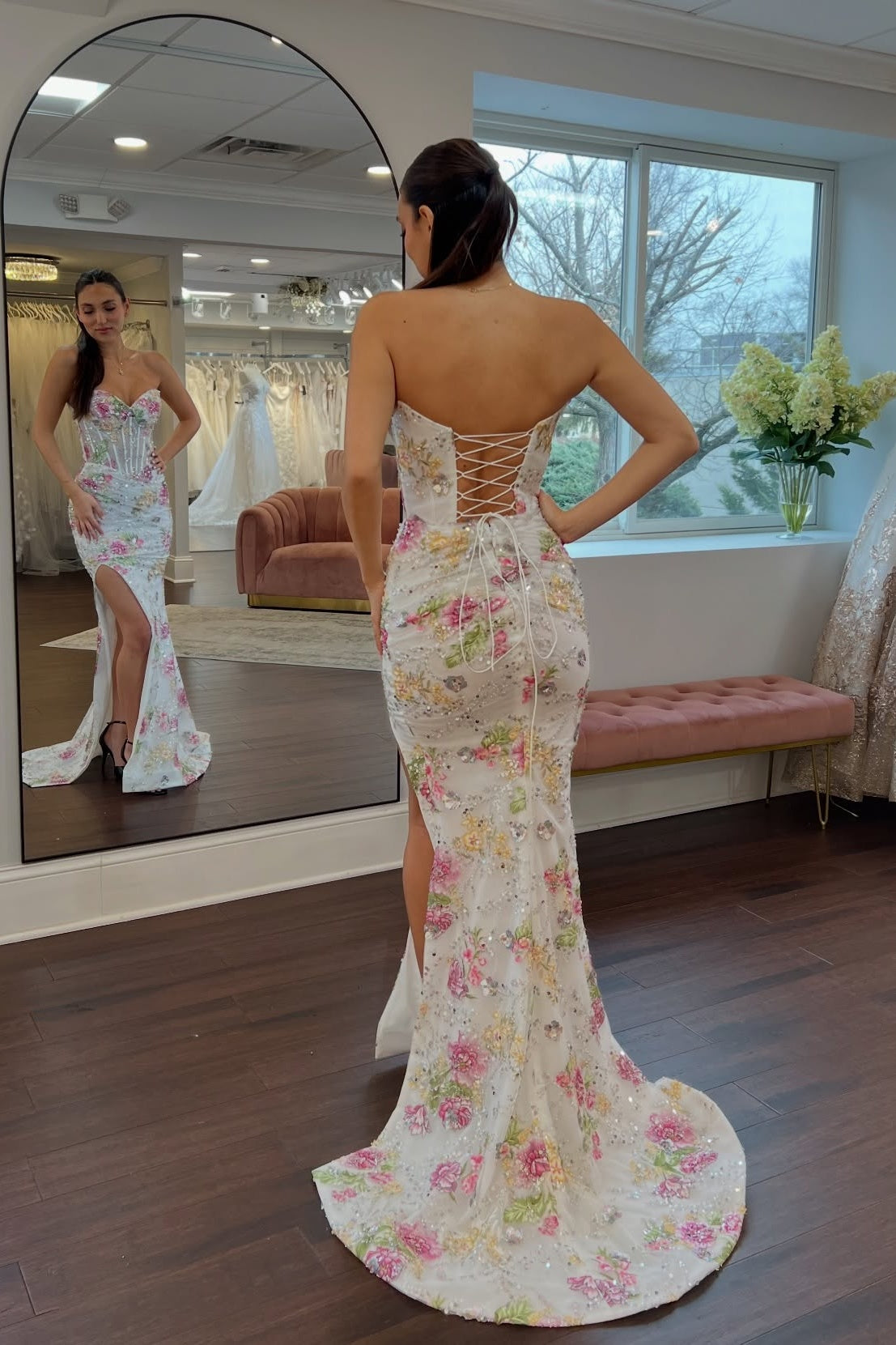 Strapless Ivory Floral Sequin Long Dress with Slit