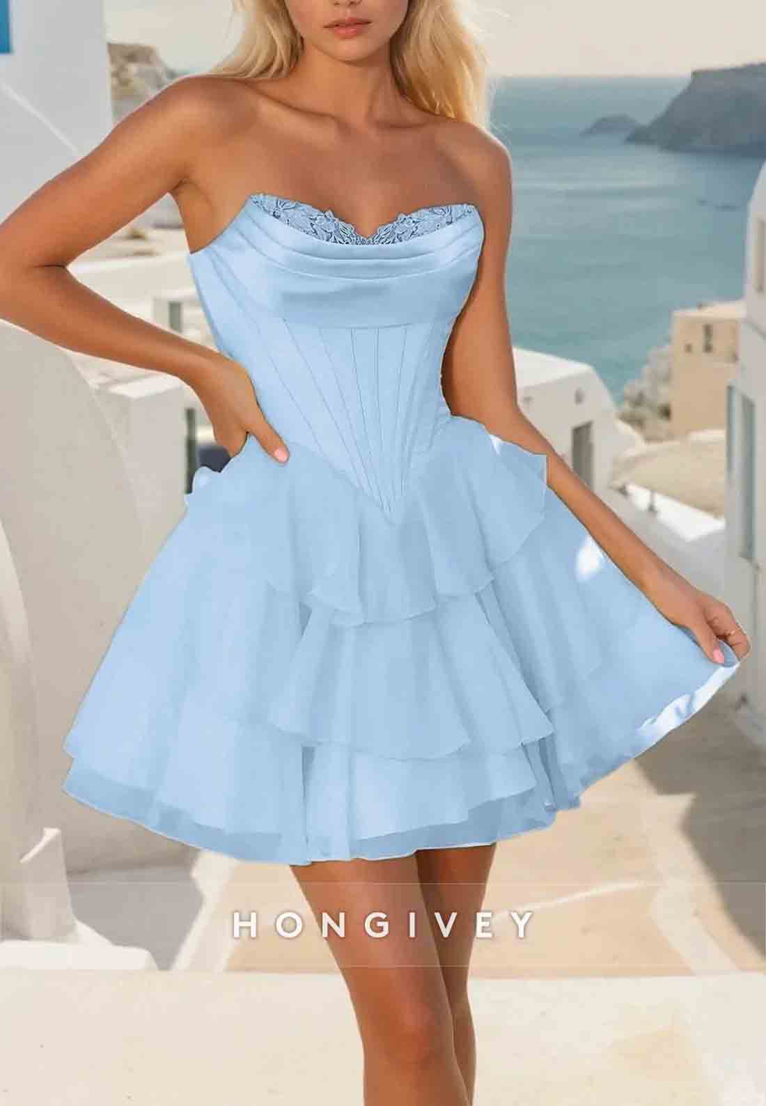 Strapless A-Line Ruched Lace Neck V Back pleated Short Homecoming Dresses