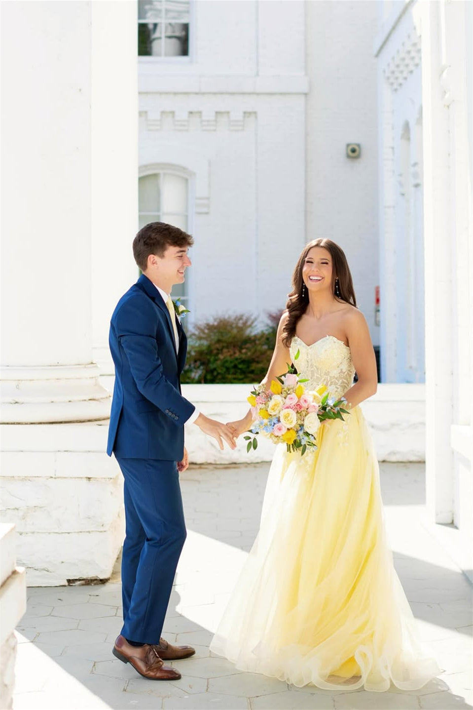 Strapless Yellow Lace Appliques Long Dress with Slit