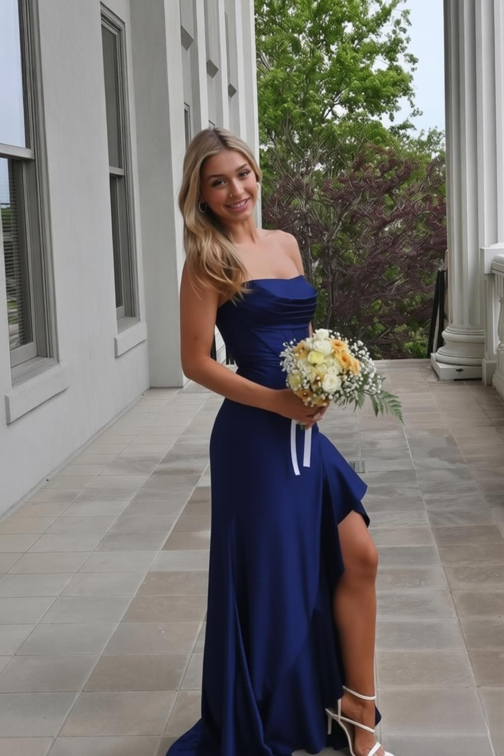 Strapless Yellow Ruffled Hem Long Dress with Slit