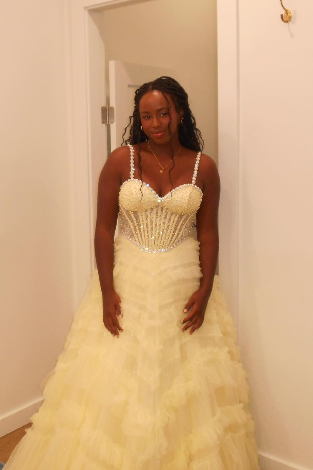 Straps Yellow Beaded Ruffled Long Dress with Pearls