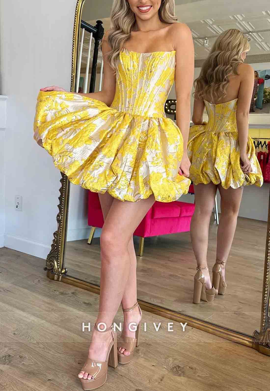 Stunning Ball Gown Floral Print Strapless Yellow Corset Homecoming Dress