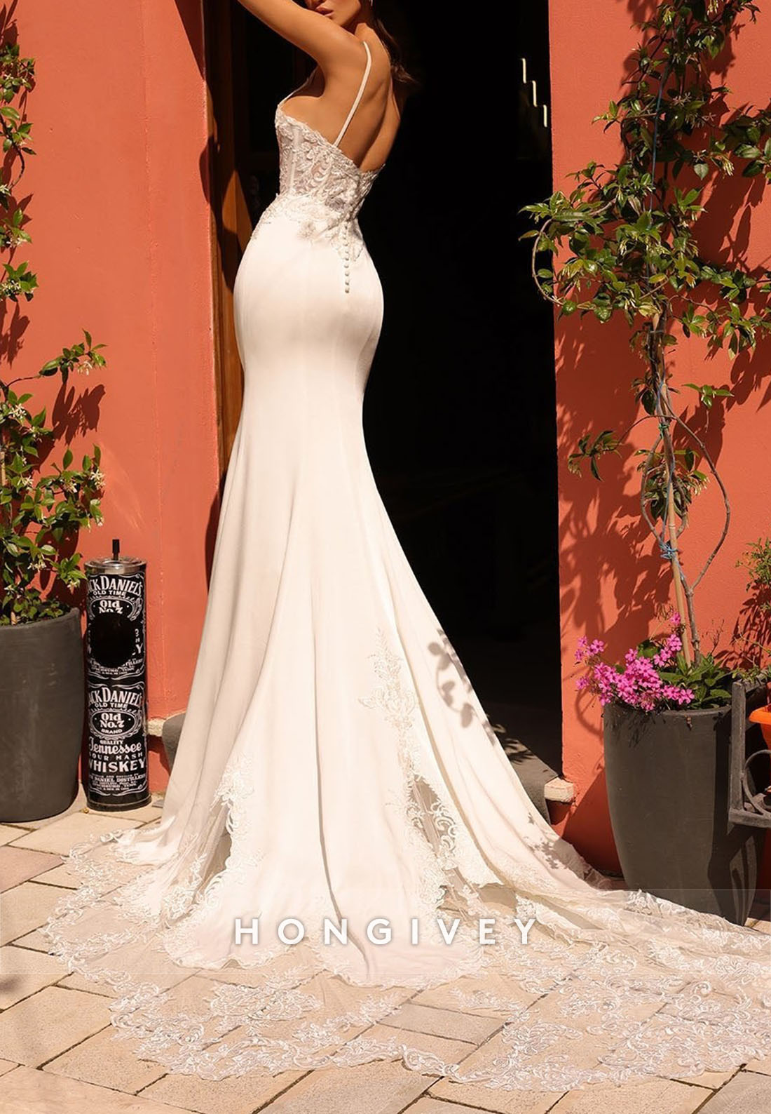 Lace Court Train Regular Straps Trumpet V Neck Low Back Wedding Dresses