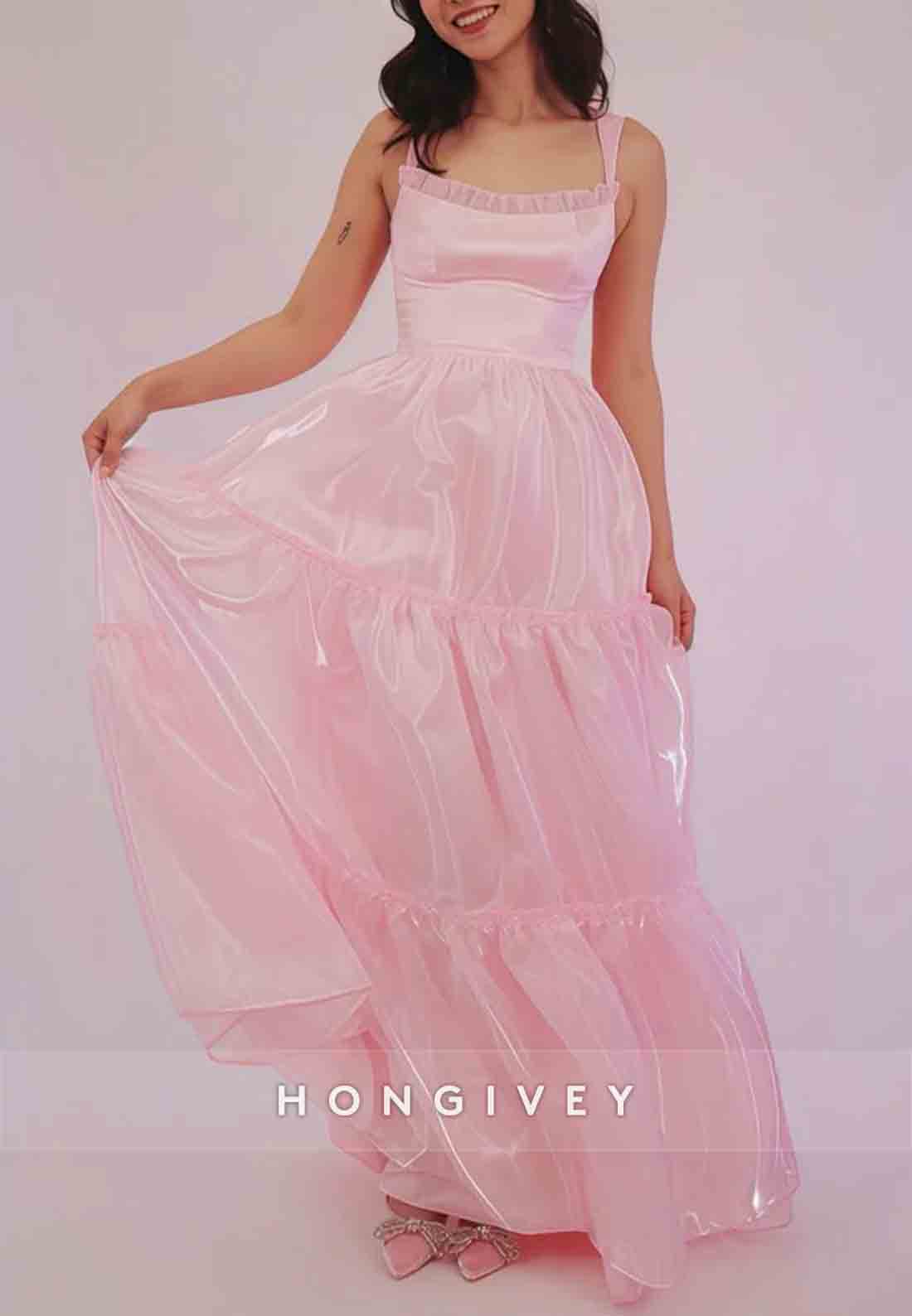 Stylish A Line Ruched Square Neck Spaghetti Straps Pink Long Prom Dress