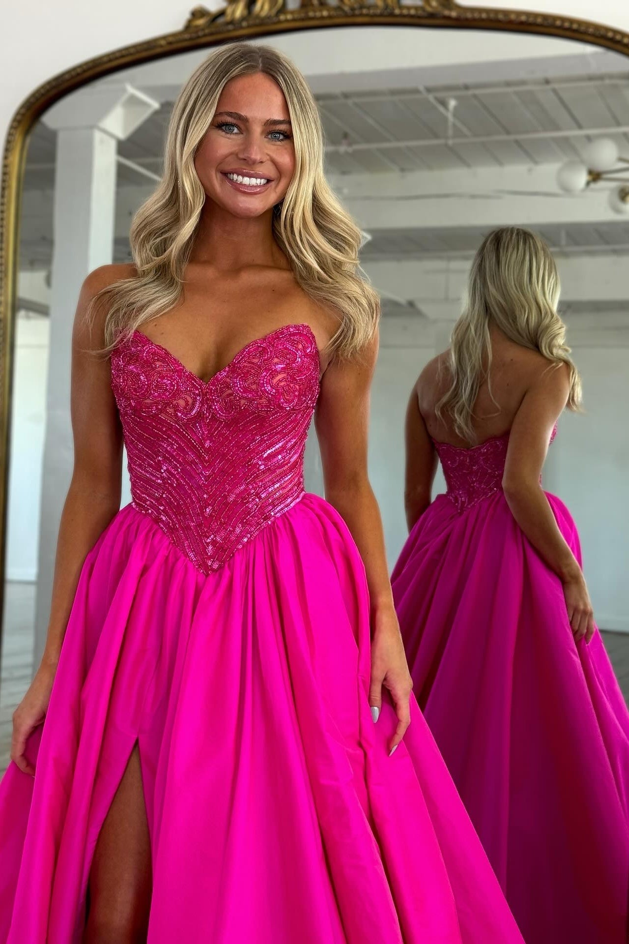 Stylish A Line Sweetheart Fuchsia Long Prom Dress with Beading Split Front