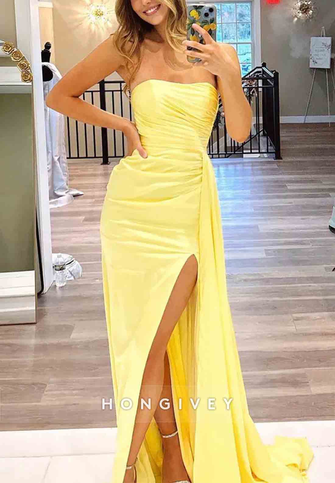 Stylish Side Draping Mermaid Strapless Yellow Long Prom Dress with Slit Front