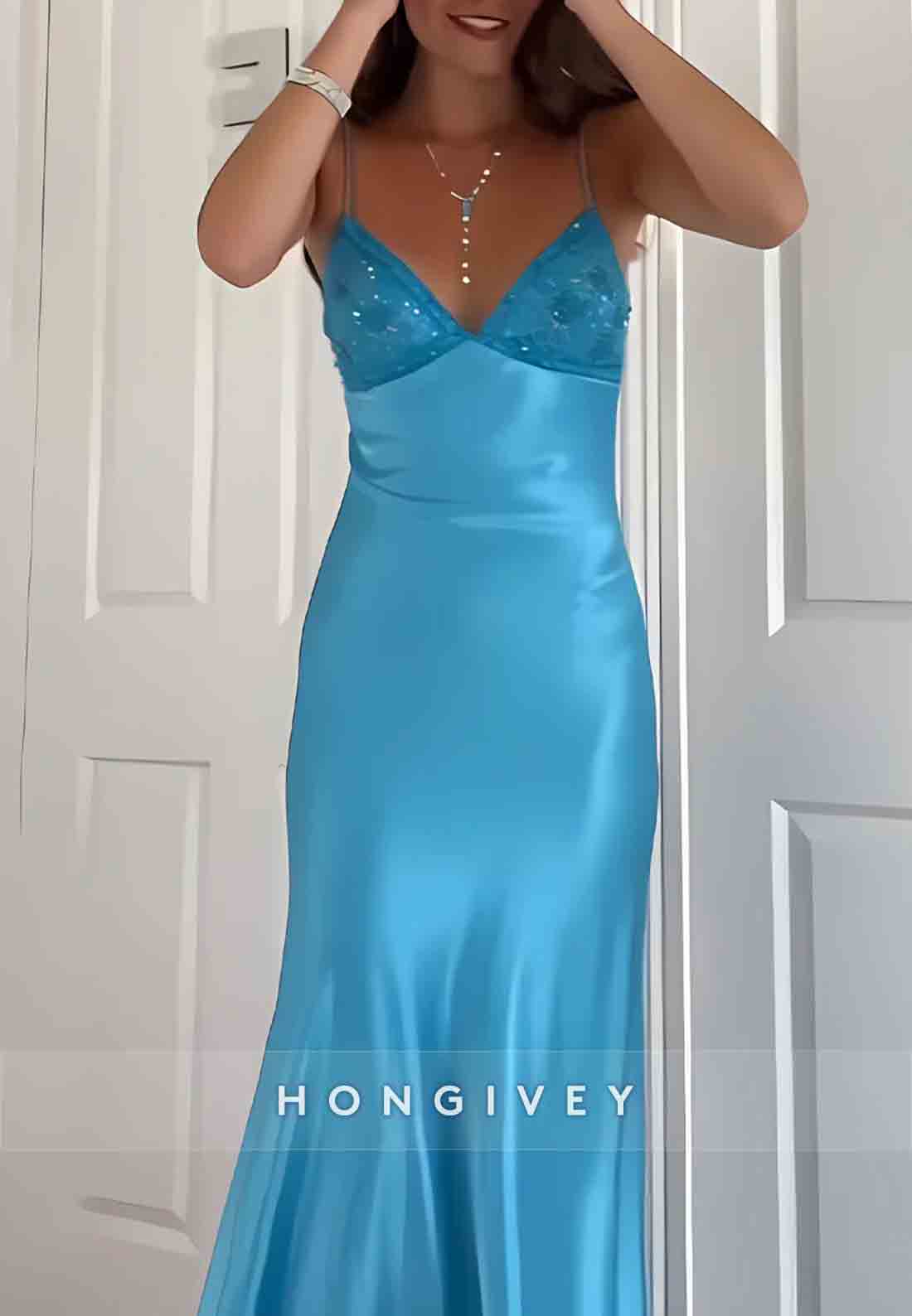 Stylish V-Neck Sheath Spaghetti Straps Blue Long Prom Dress with Backless