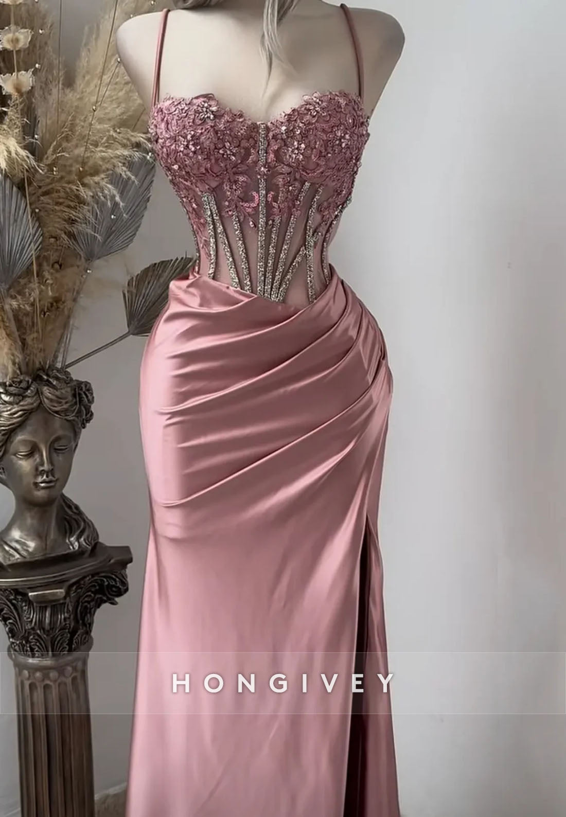 High Slit Spaghetti Straps Lace Appliques Sweetheart Pleated Long Prom Dress