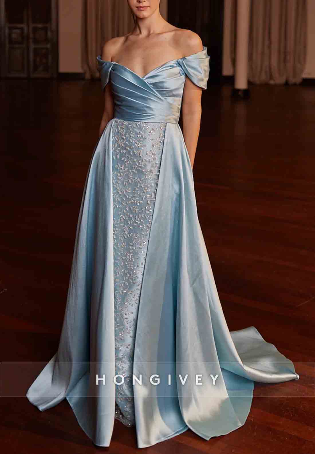 Off the Shoulder Floor-Length Pleated Shawl Beading Evening Gown Off the Shoulder Floor-Length Pleated Shawl Beading Evening Gown
