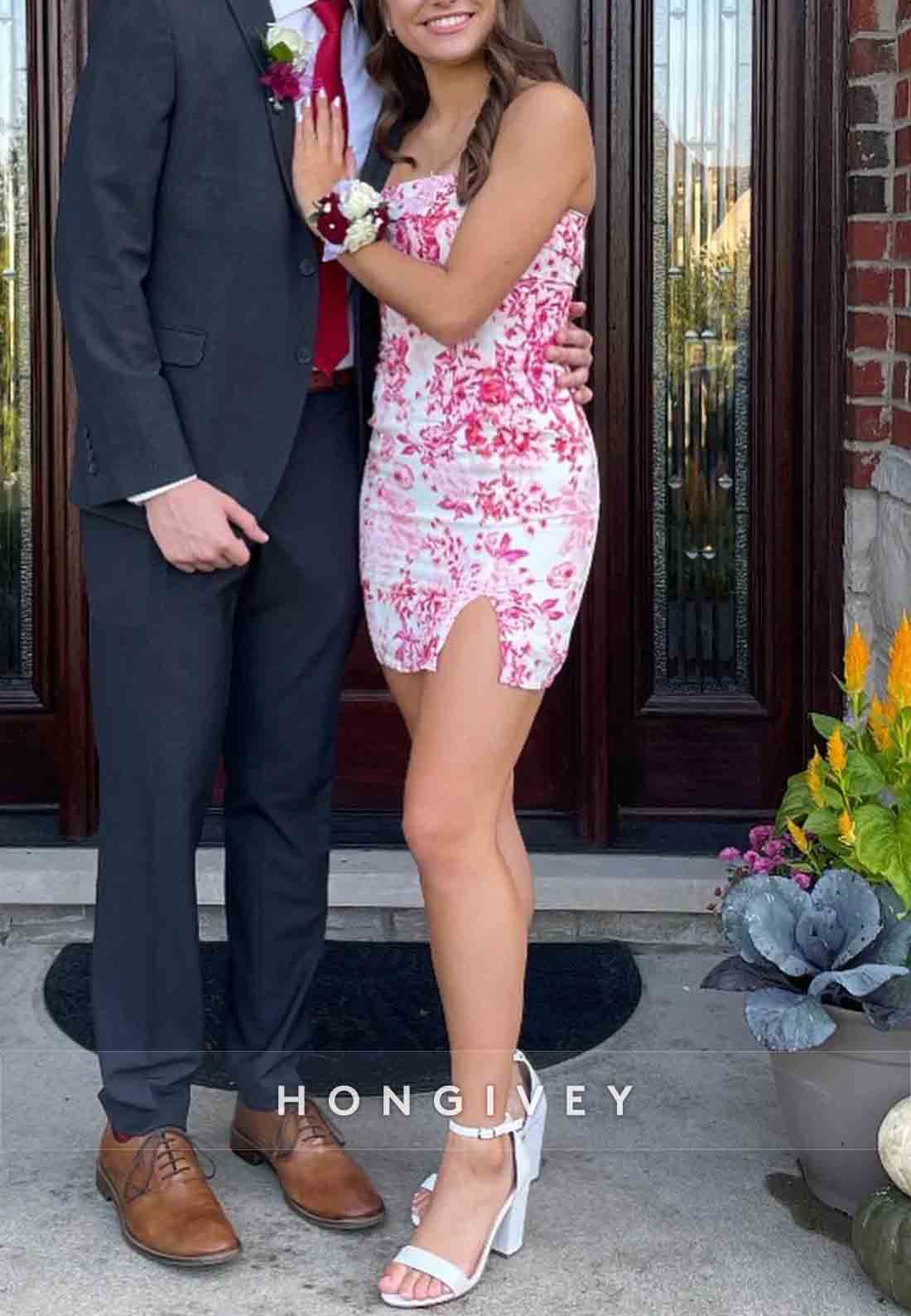 Touching Sheath Strapless Side Slit Floral Printed Short Homecoming Dress