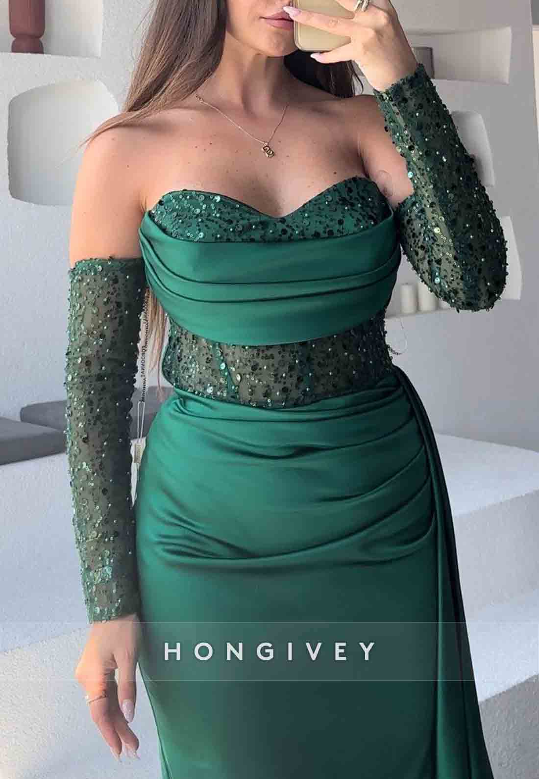 Side Draping Sweetheart Strapless Beading Mermaid Pleated Evening Gowns