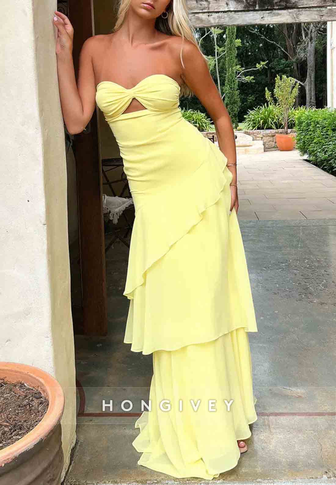 Trendy Sweetheart Light Blue Column Long Prom Dress with Ruffles Keyholes