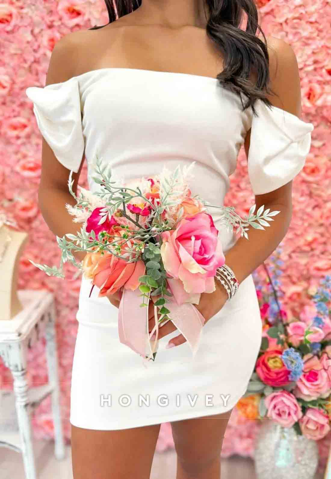 Trendy Sheath Off the Shoulder White Short Homecoming Dress with Bowknot