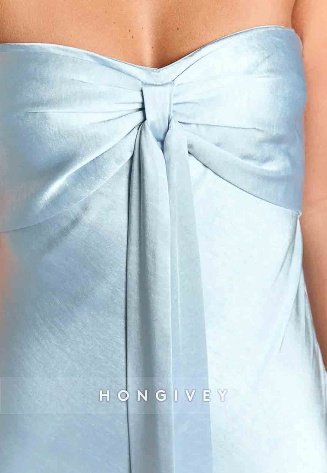 Trendy Sweetheart Sheath Strapless Light Blue Long Party Dress with Bowknot