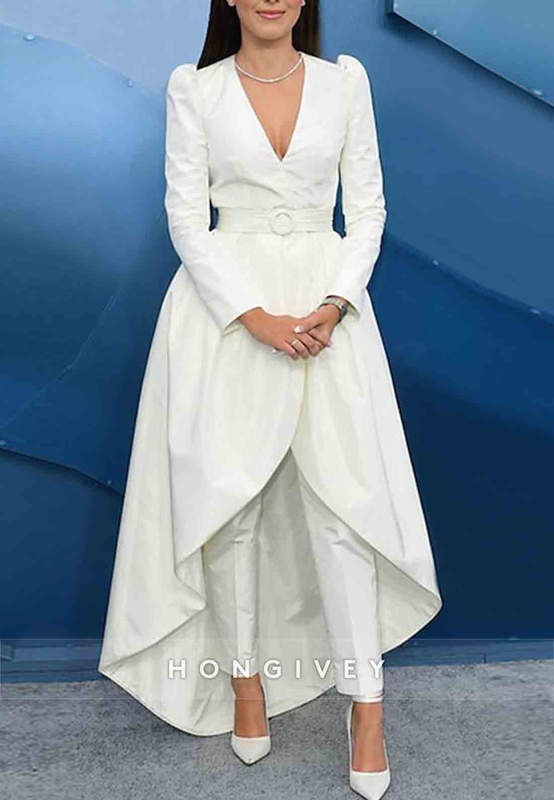 Two Piece Pantsuit V Neck Long Sleeve Satin Tuxedo Evening Gown with Waistband