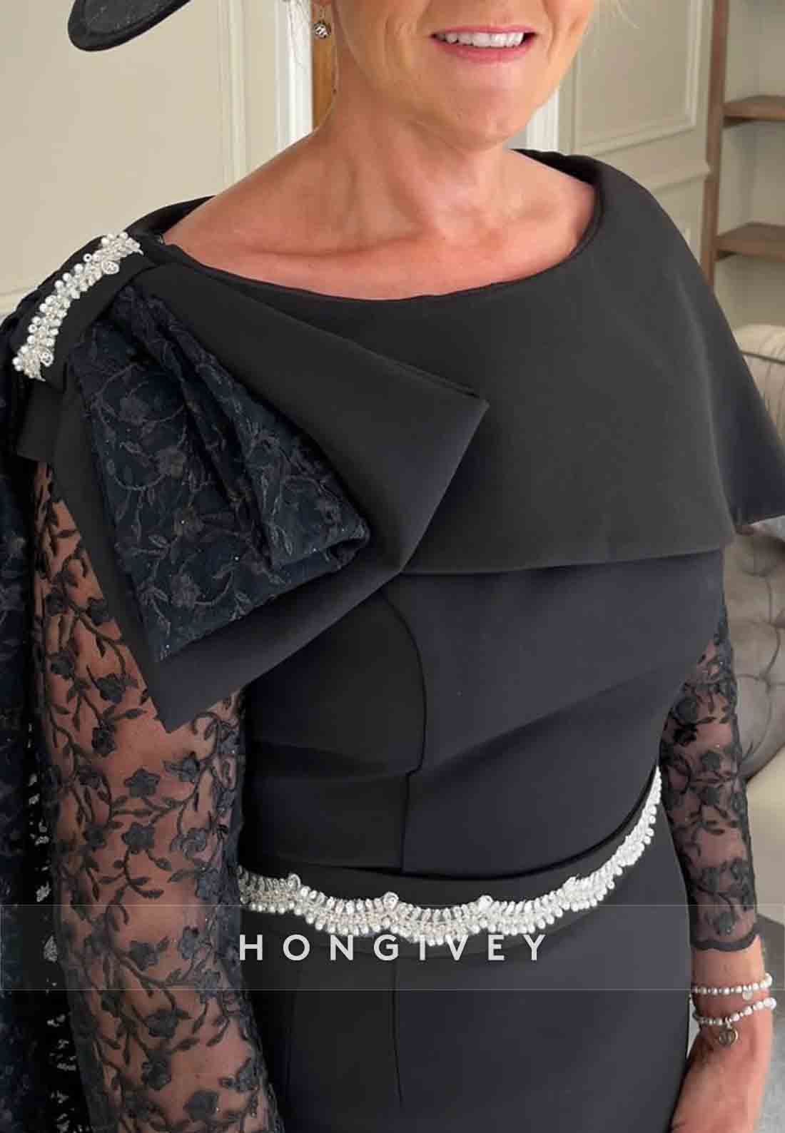 Side Draping Column Lace Tea-Length Cocktail Dress Bowknot 3/4 Sleeve Mother of Bride Dress