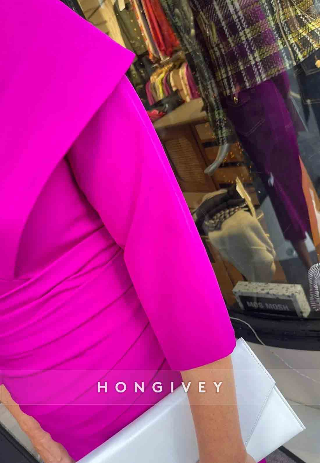 3/4 Sleeve V-Neck Sheath Tea-Length Cocktail Dresses Pleated Mother of the Bride Dress