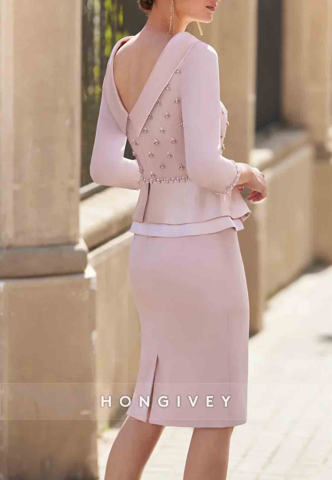 Column Knee-Length 3/4 Sleeve V Back Ruffles Mother of the Bride Dress