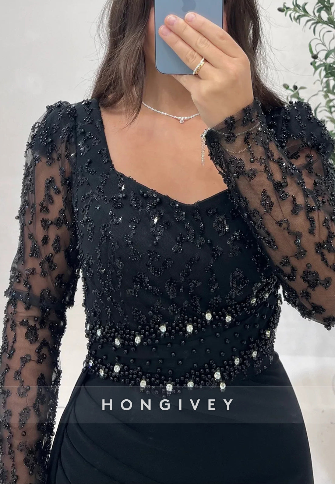 Sheath Sweep Train Long Sleeve Beading Formal Dresses