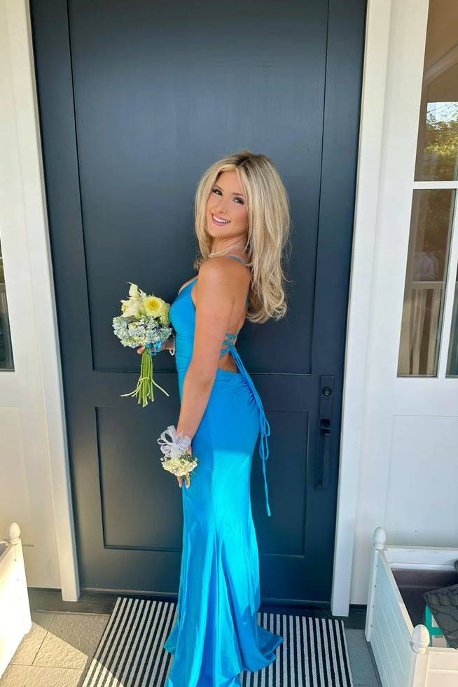 V-neck Blue Mermaid Long Dress with Slit
