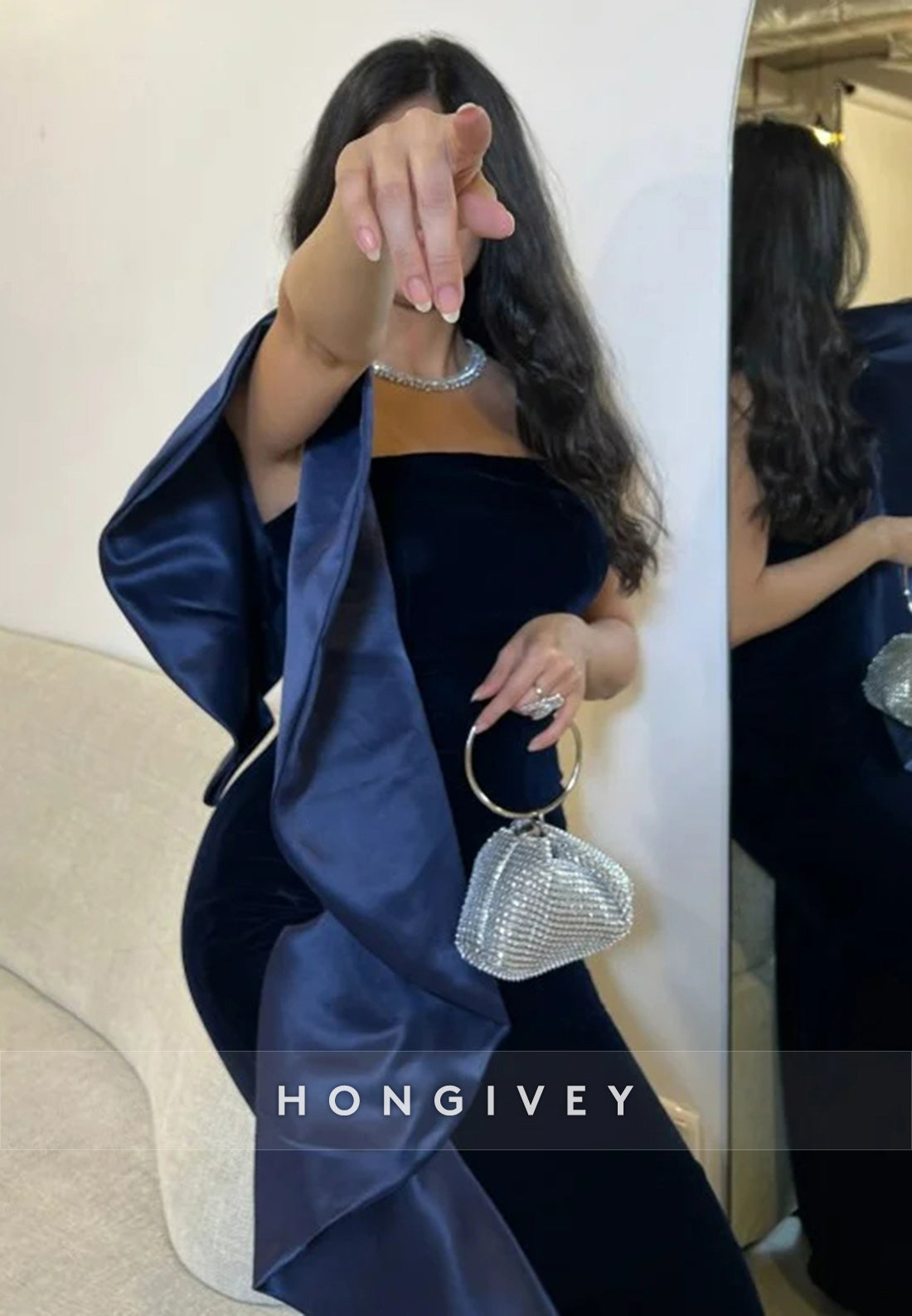 Side Draping Zipper Court Train Asymmetrical Neck Pleated Evening Gown