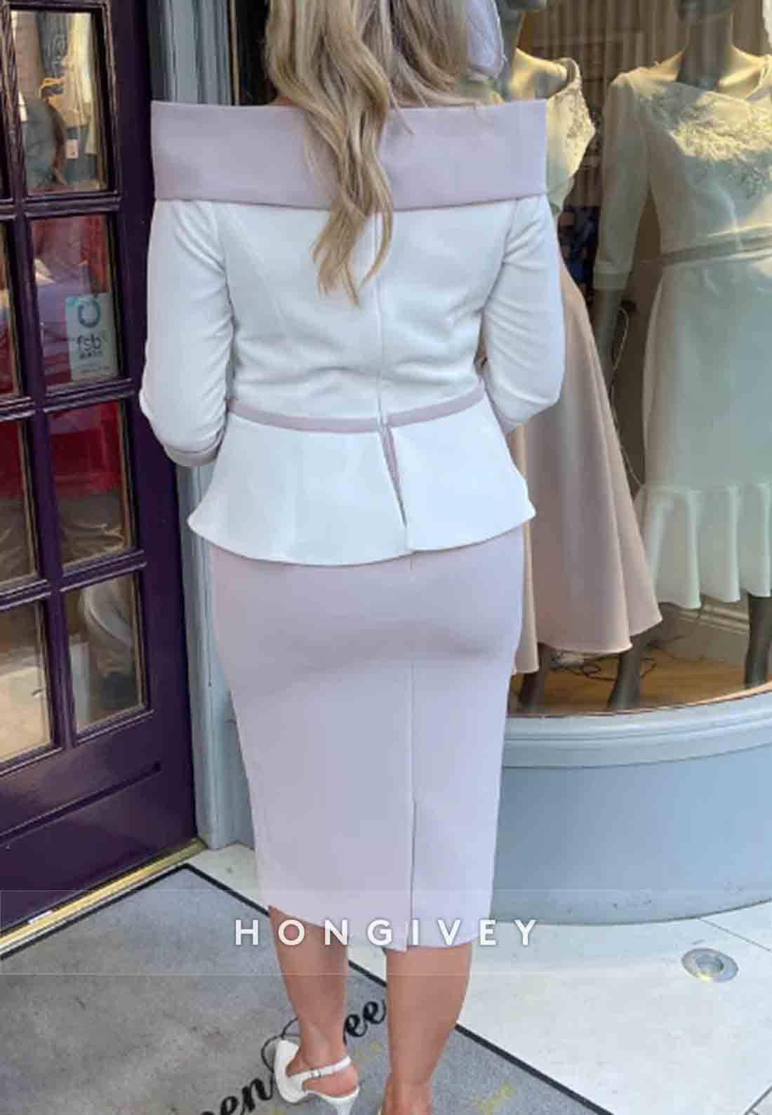 Bowknot 3/4 Sleeve Cocktail Dresses Tea-Length Sheath Mother of the Bride Dress