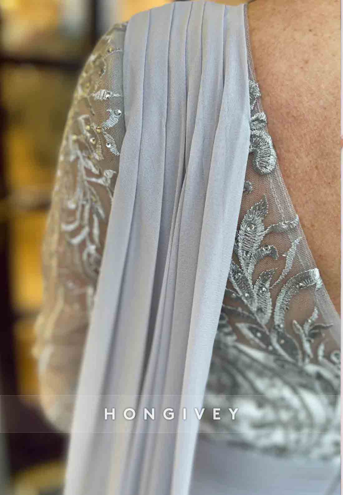 V Back Side Draping Embroidery 3/4 Sleeve A-line Mother of the Bride Dress