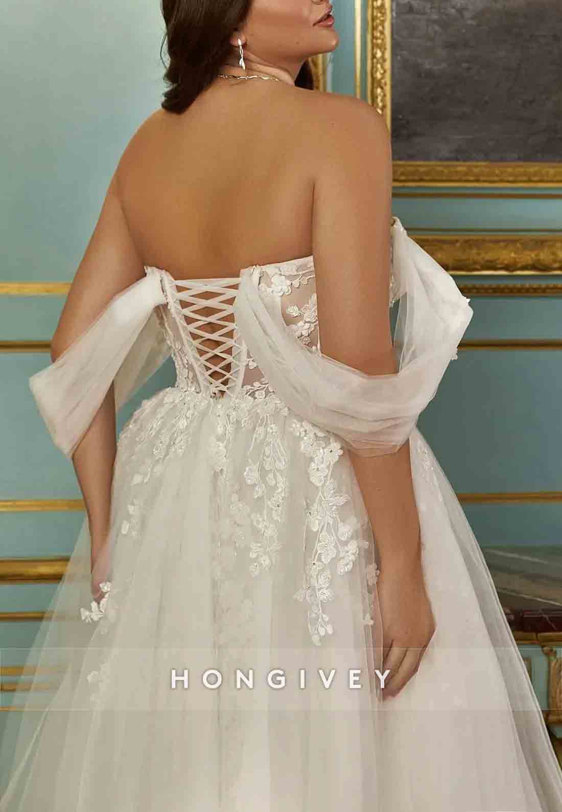 Off the Shoulder Princess Sweetheart Tulle Tea-Length Lace Wedding Dresses