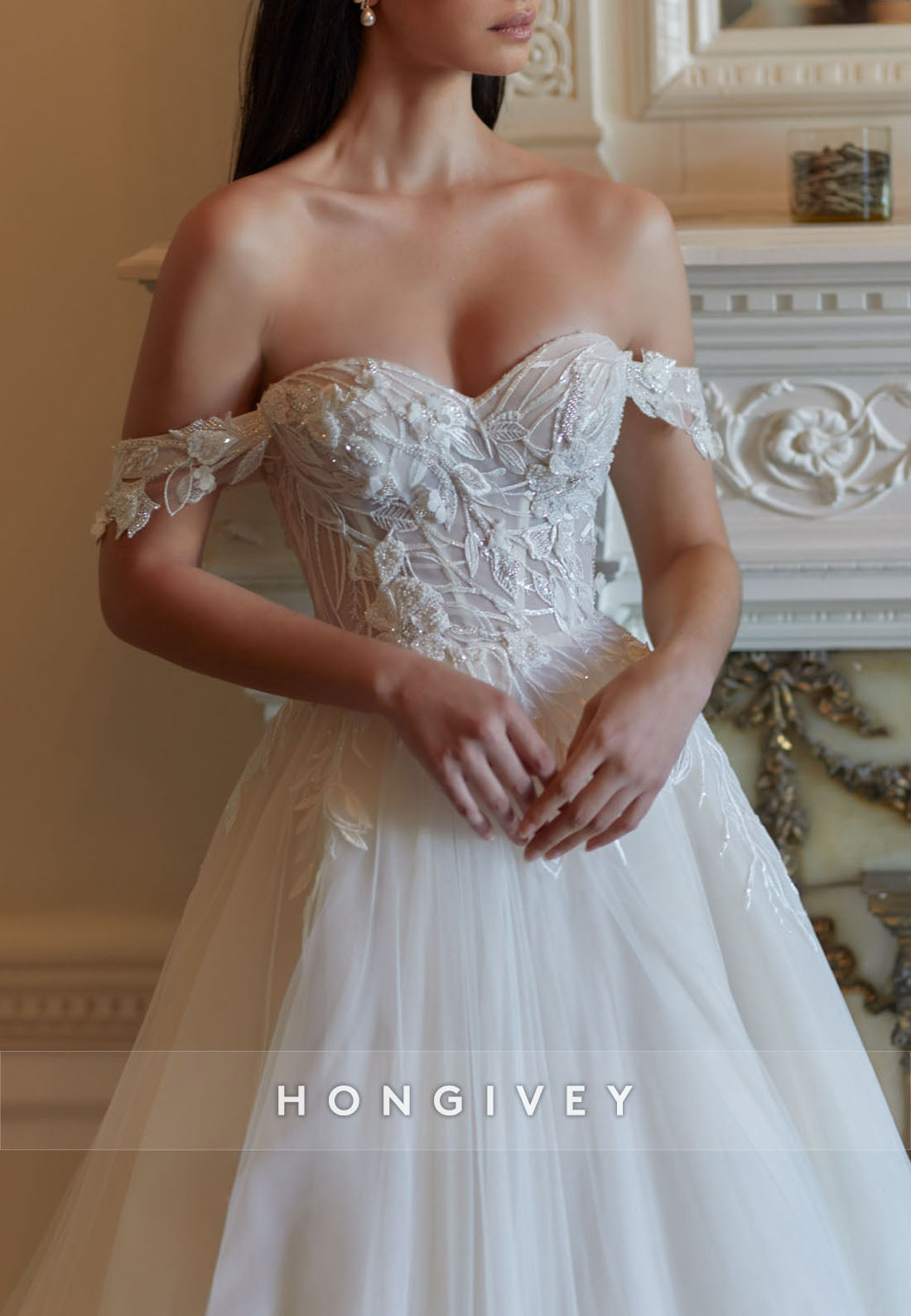 Appliqued Off the Shoulder Tulle Empire Sweep Train Ball Gown Wedding Dresses